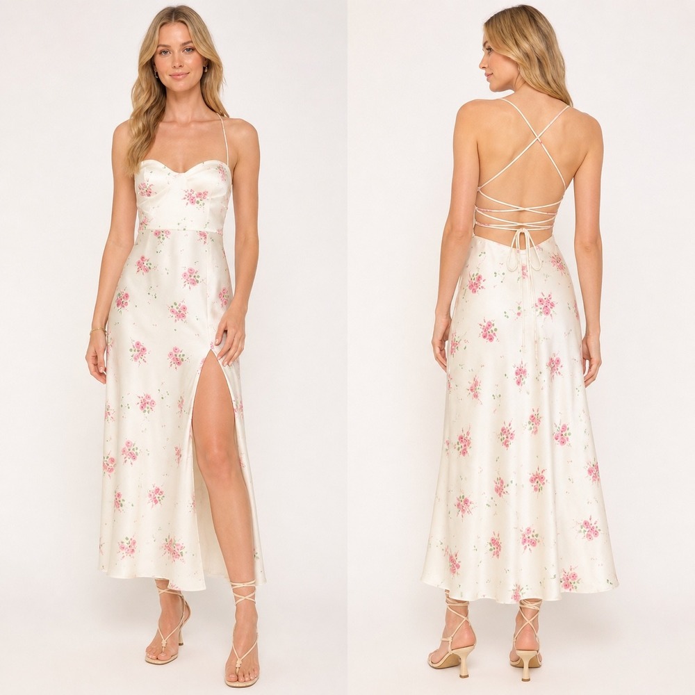 Zara Floral Satin‎ Midi Dress Sz L Cream Pink Rose Lace Up Back Slit Cottagecore